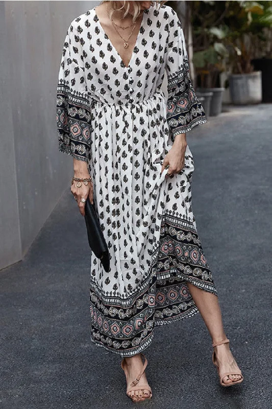 Boho V-neck Buttoned Print Maxi Dress Elegant Lace Maxi Dress