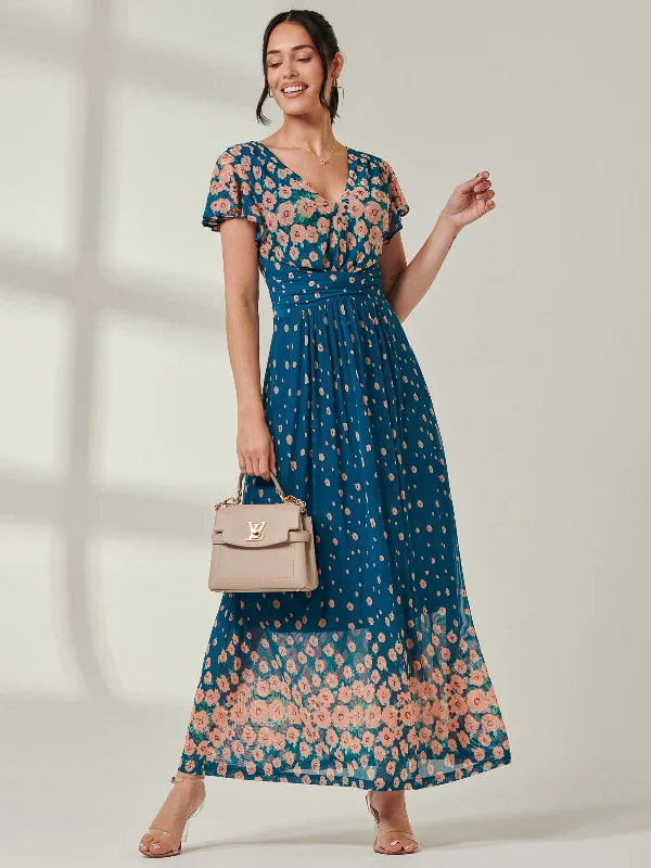 Carlii Symmetrical Print Mesh Maxi Dress, Teal Floral Fashionable Faux Wrap Maxi Dress
