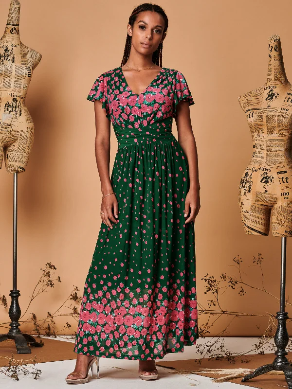 Carlii Symmetrical Print Mesh Maxi Dress, Green Floral Cozy Maxi Dress with Slit