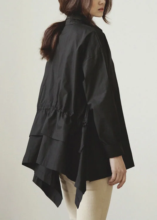 Casual Black Peter Pan Collar Drawstring Cotton Blouse Tops Fall Off-Shoulder Wrap Blouse