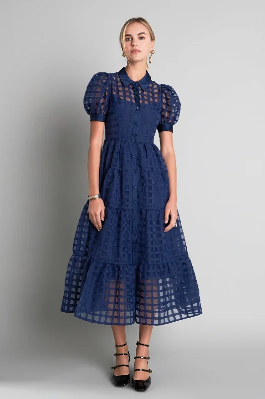 Gridded Organza Tiered Maxi Dress Stylish One-Shoulder Maxi Dress