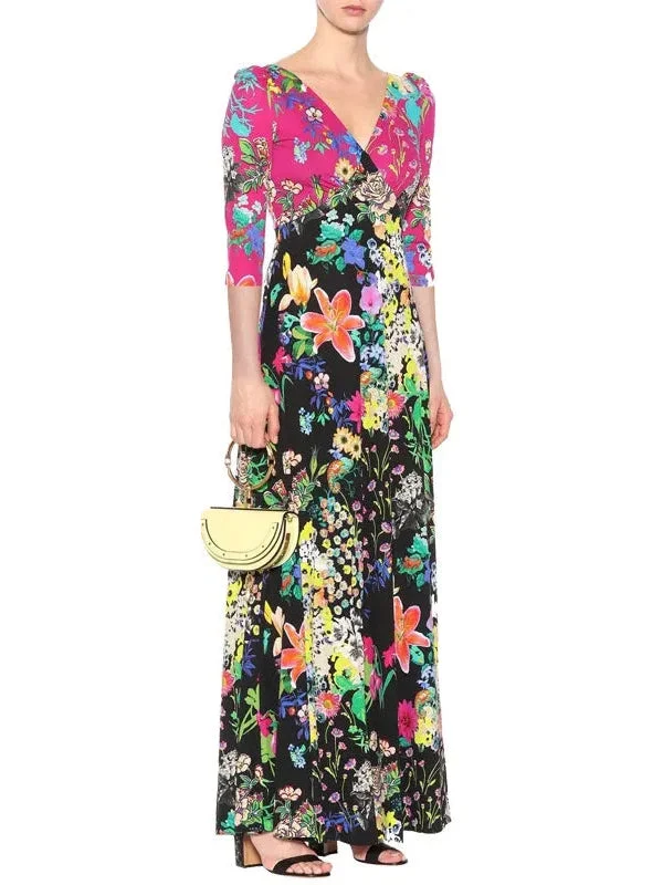 Color-Contrast V-Neck Floral Printed Maxi Dress Trendy Floral Print Maxi Dress