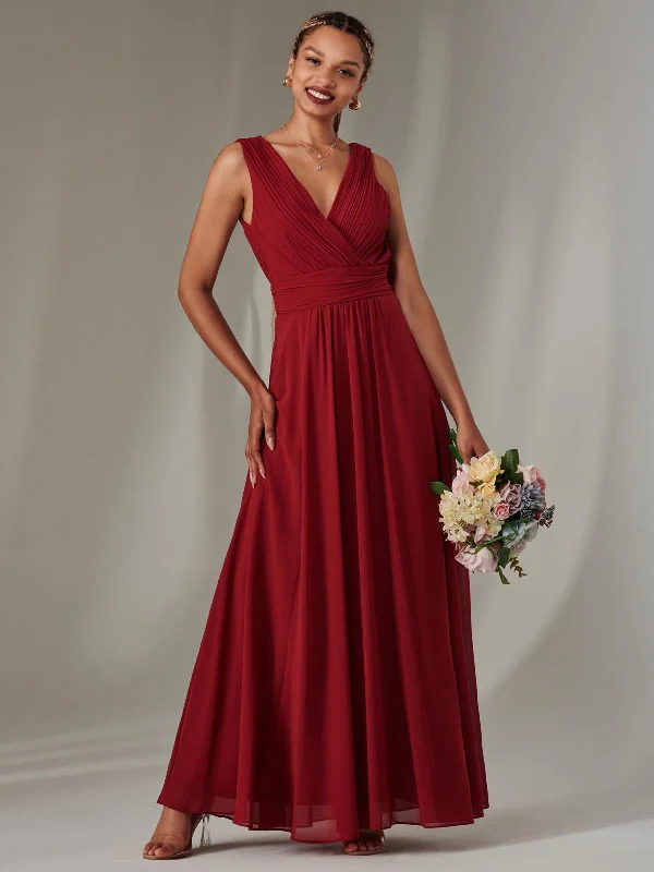 Cora Sleeveless Chiffon Maxi Dress, Dark Red Stylish Empire Waist Maxi Dress