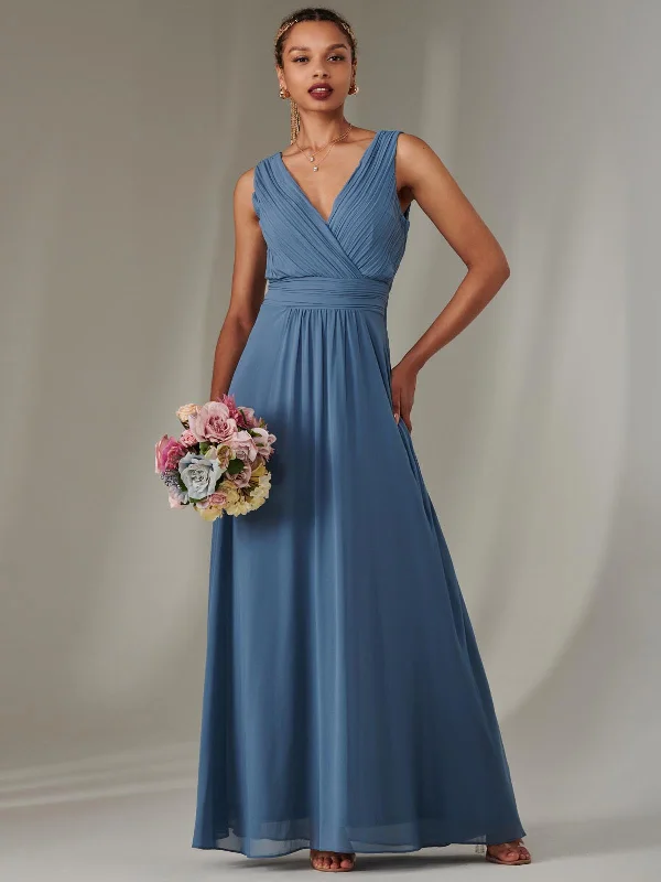 Cora Sleeveless Chiffon Maxi Dress, Steel Blue Elegant Maxi Dress with Drapes