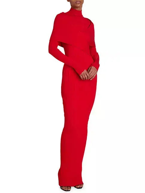 Cross-Over High-Neck Plissé Design Red Knit Maxi Dress Trendy Floral Print Maxi Dress