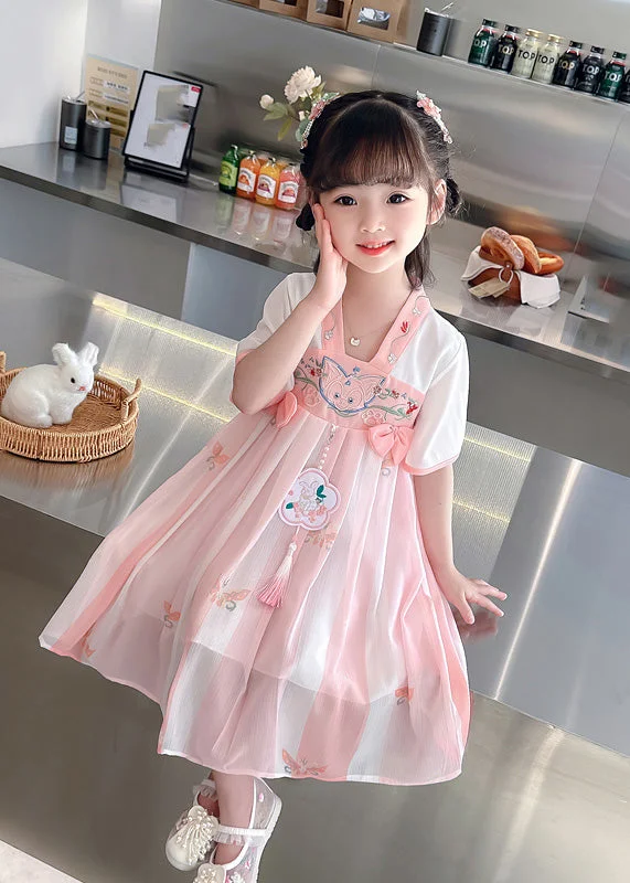 Cute Pink Embroideried Patchwork Bow Chiffon Kids Maxi Dress Summer Trendy Maxi Dress with Bow