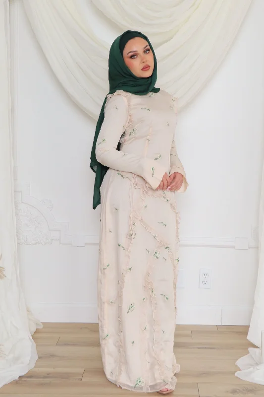 Daisy Floral Ruffle Maxi Dress- Beige Stylish A-Line Maxi Dress
