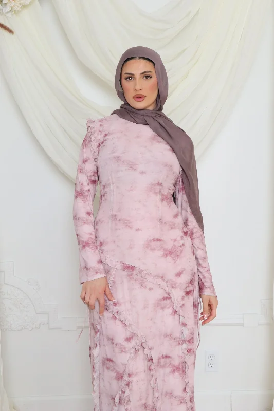 Daisy Mesh Print Ruffle Maxi Dress- Mauve Comfortable Bohemian Maxi Dress