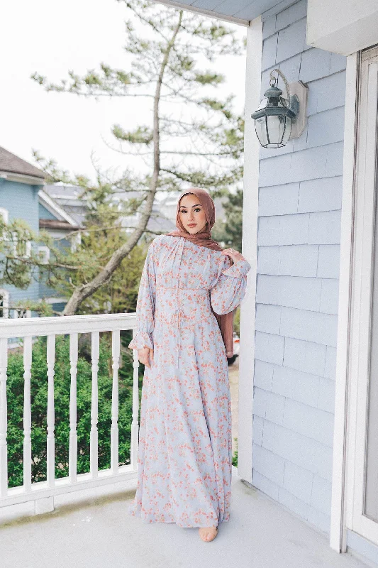 Dana Floral Maxi Dress- Blue Gray Cozy Cold-Shoulder Maxi Dress