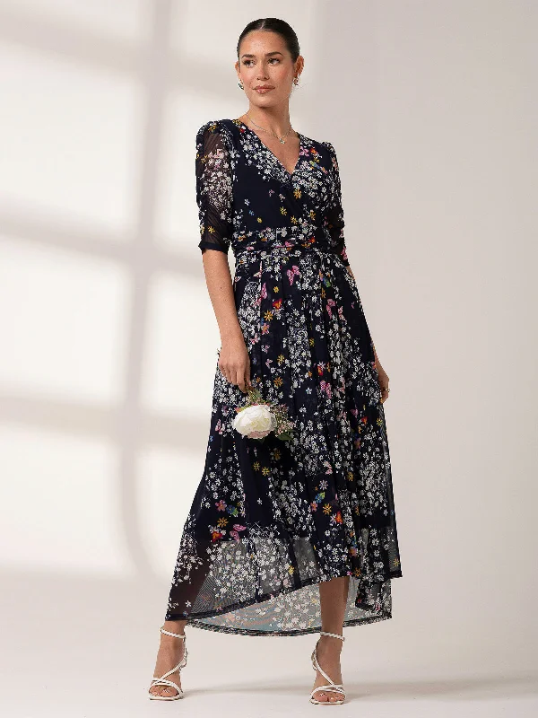 Dasha Ruched Sleeved Mesh Maxi Dress, Navy Floral Cozy Knitted Maxi Dress
