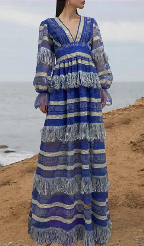 DEEP V TASSEL BLOUSON SLEEVES MAXI DRESS IN BLUE Trendy Maxi Dress with Belt