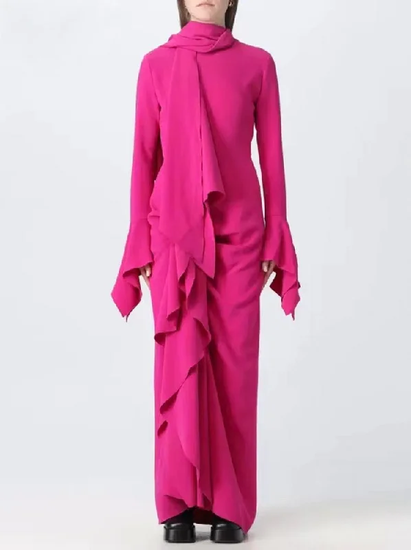 Draped Ruffled Crepe Scarf Maxi Dress in Pink Comfortable Plunging Neckline Maxi Dress