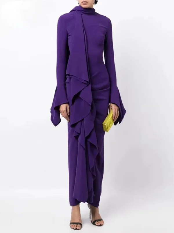 Draped Ruffled Crepe Scarf Maxi Dress in Purple Chic Button-Up Maxi Dress