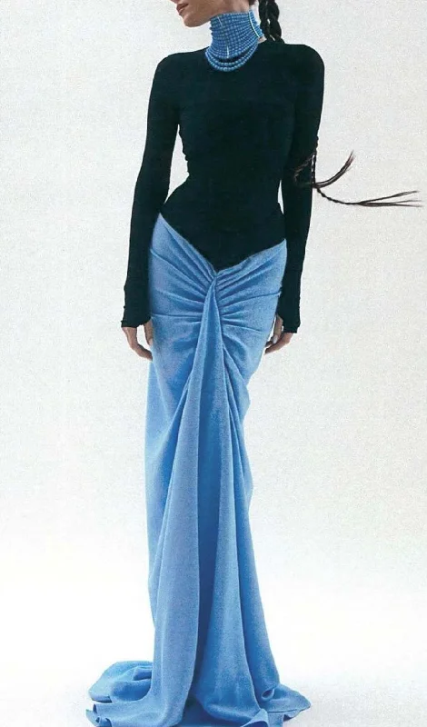 DROPPED WAIST RUCHED MAXI DRESS IN BLUE Elegant Pleated Maxi Dress