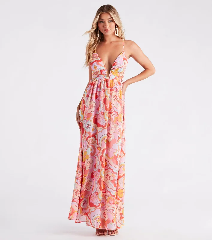 Electric Love Chiffon Floral Maxi Dress Cozy Open-Back Maxi Dress