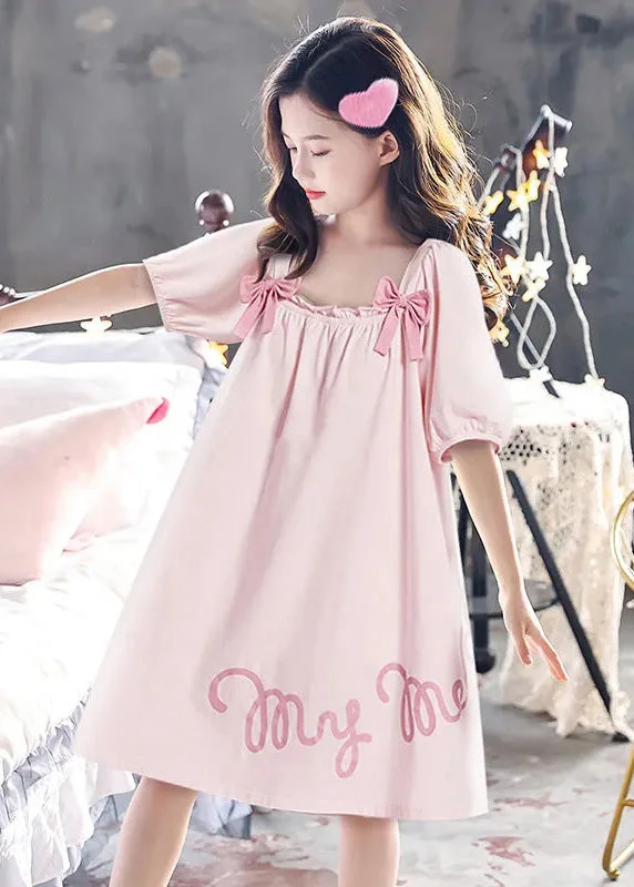 Elegant Pink Wrinkled Graphic Bow Cotton Girls Maxi Dress Short Sleeve Elegant Maxi Dress with Belt