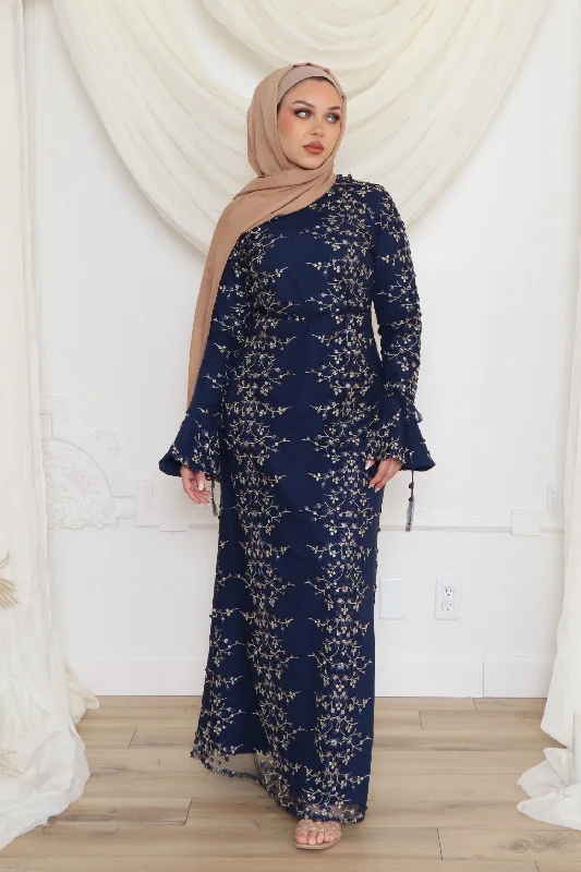 Elena Embroidery Maxi Dress- Navy Blue Stylish Boho Chic Maxi Dress