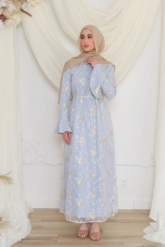 Elena Embroidery Maxi Dress- Sky Blue Fashionable Off-Shoulder Maxi Dress