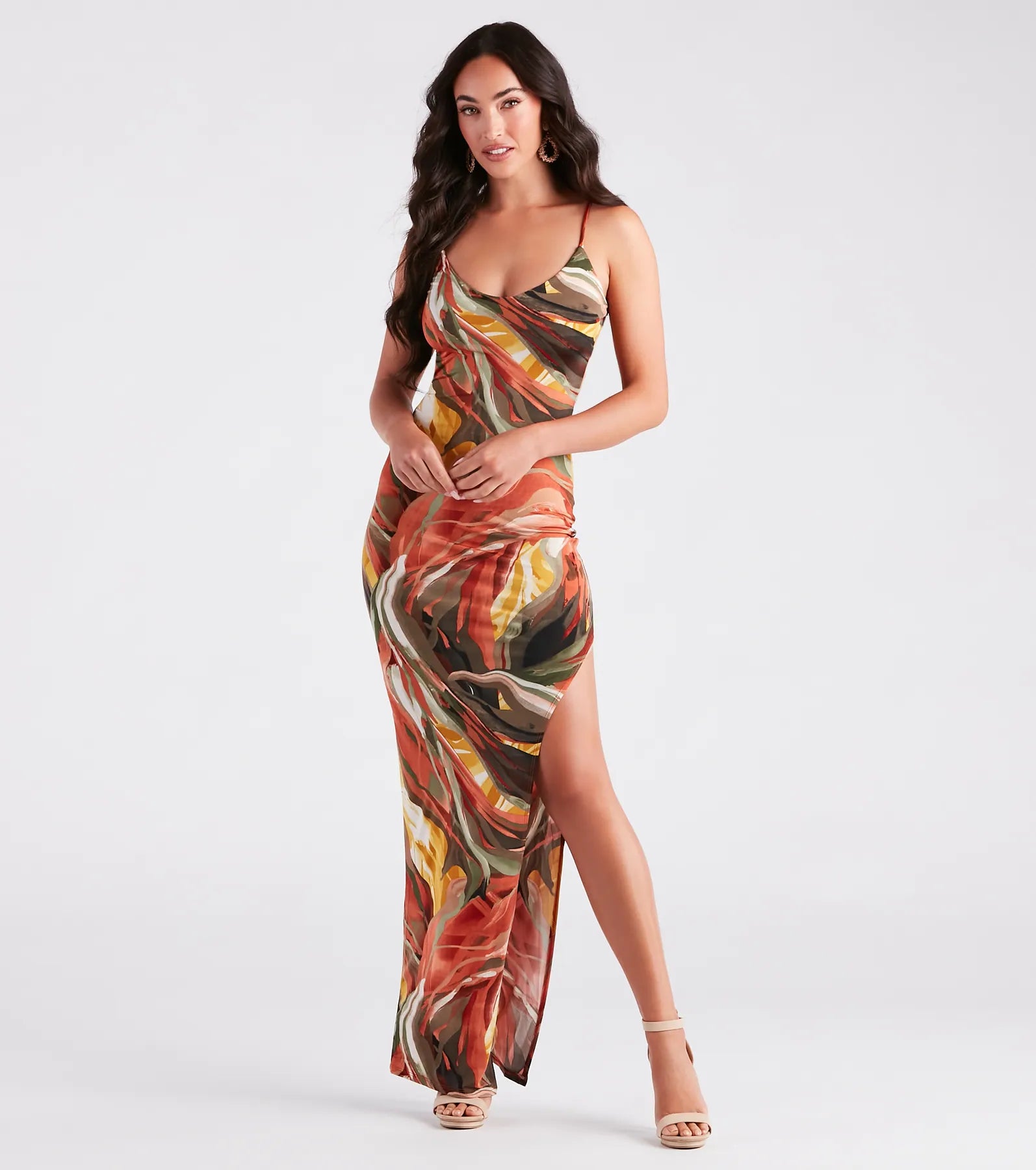 Elite Summer Style Marble Print Maxi Dress Trendy Button Front Maxi Dress
