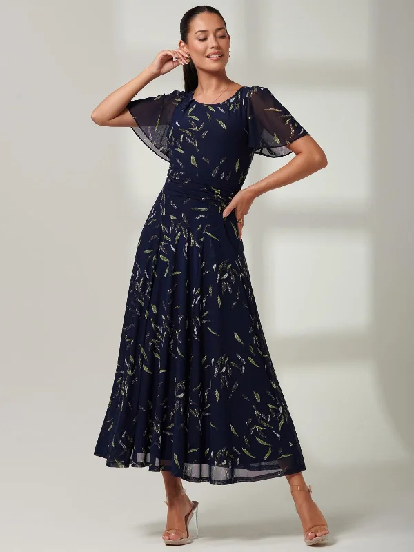 Elvira Print Mesh Maxi Dress, Navy Leafy Fashionable Layered Maxi Dress