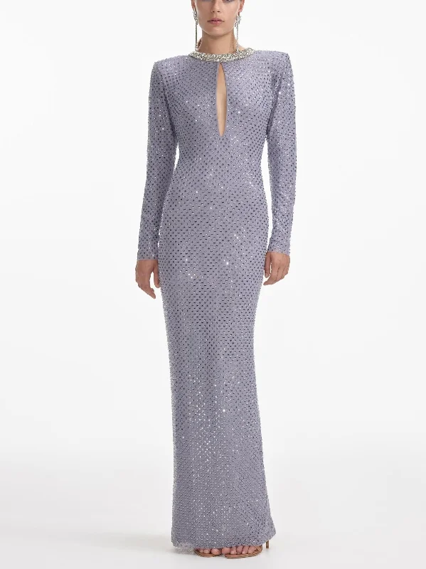 Embellished Long-Sleeve Maxi Dress with Front Keyhole Trendy Printed Maxi Dress