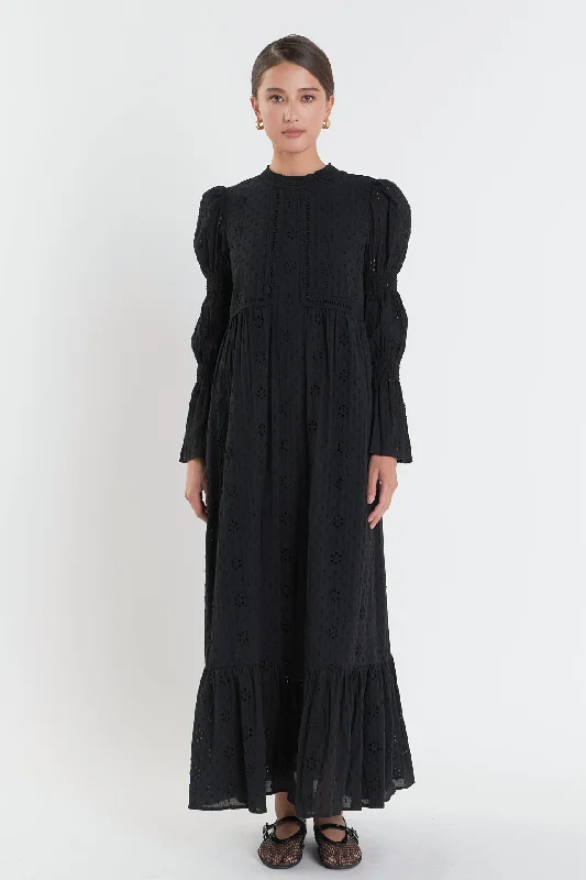 Embroidered Swiss Dot Maxi Dress Comfortable Maxi Dress with Sleeves