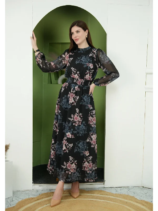Black Georgette Shimmer Black Floral Maxi Dress Stylish V-Neck Maxi Dress