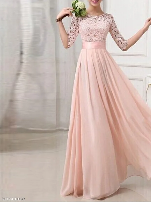 Fashion Chiffon Lace Solid Color Evening Maxi Dress Comfortable Long-Sleeve Maxi Dress