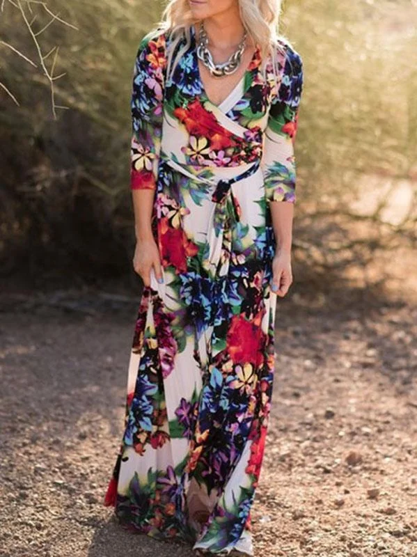 Fashion V-neck Long Sleeves Maxi Dress Comfortable Ruffle Hem Maxi Dress
