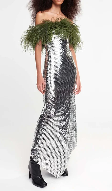 FEATHERED SEQUINED MAXI DRESS IN METALLIC SILVER Cozy Knit Maxi Dress