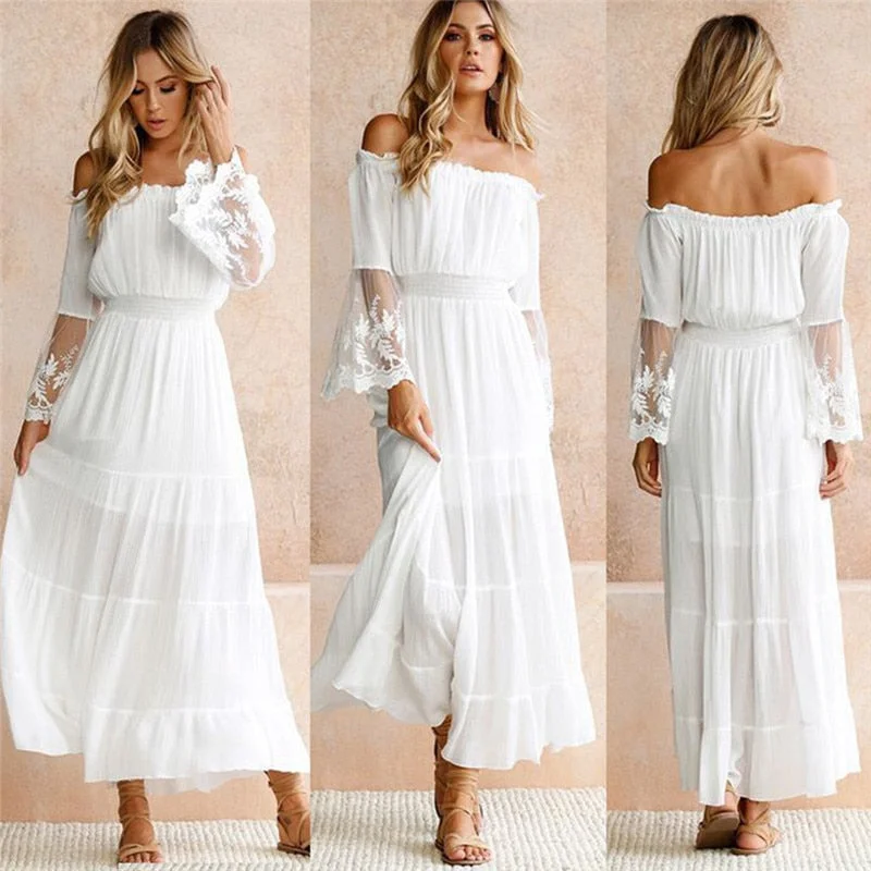 Female Strapless Long Sleeve Sundress Women's White Beach Dress Summer Loose Sexy Off Shoulder Lace Boho Maxi Dress Feme Comfortable Long-Sleeve Maxi Dress Female Strapless Long Sleeve Sundress Women's White Beach Dress Summer Loose Sexy Off Shoulder Lace Boho Maxi Dress Feme Comfortable Long-Sleeve Maxi Dress