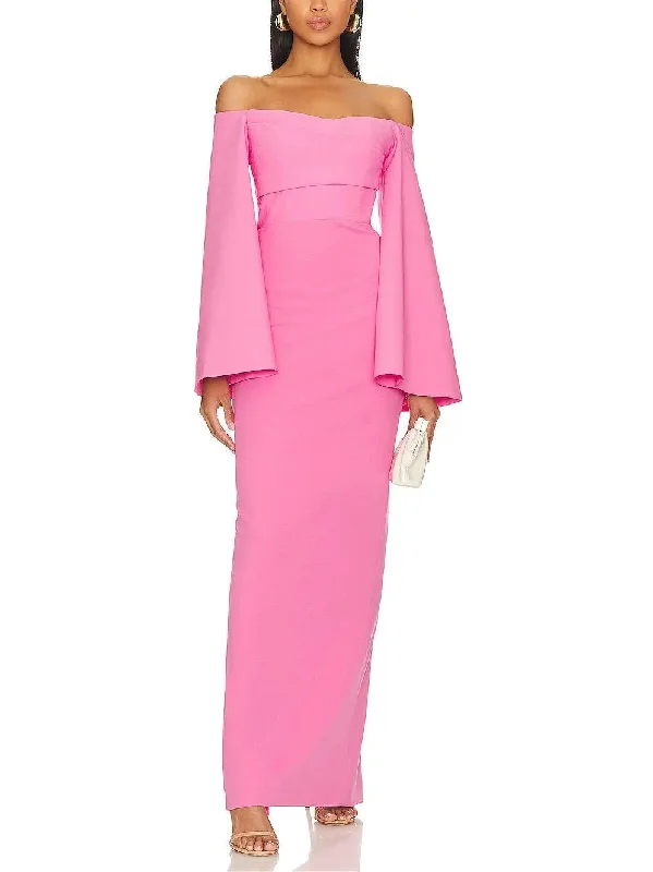 Flared-Sleeve Off-The-Shoulder Maxi Dress in Pink Comfortable Cotton Maxi Dress