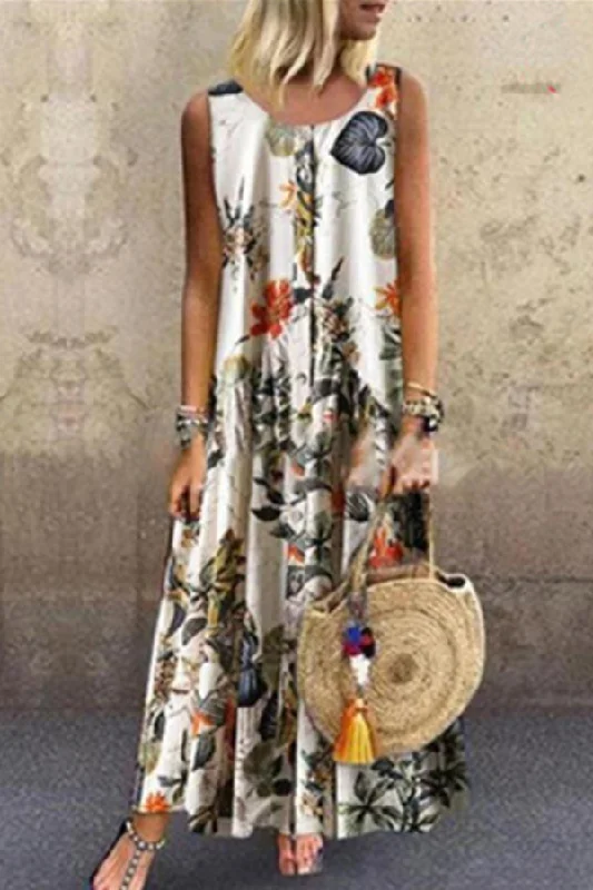 Floral Button Tank Maxi Dress Trendy V-Neck Maxi Dress