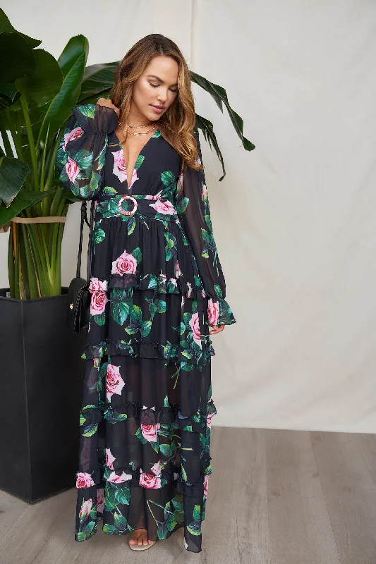 Floral Print Deep V-Neck Maxi Dress Fashionable Chiffon Maxi Dress
