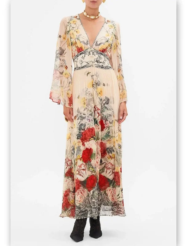 Floral-Print Long Flared Maxi Dress with Plunge V-Neck Comfortable Maxi Dress with Slits