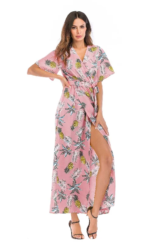 Floral Print V-neck Tie Front Slit Maxi Dress Cozy Cold-Shoulder Maxi Dress