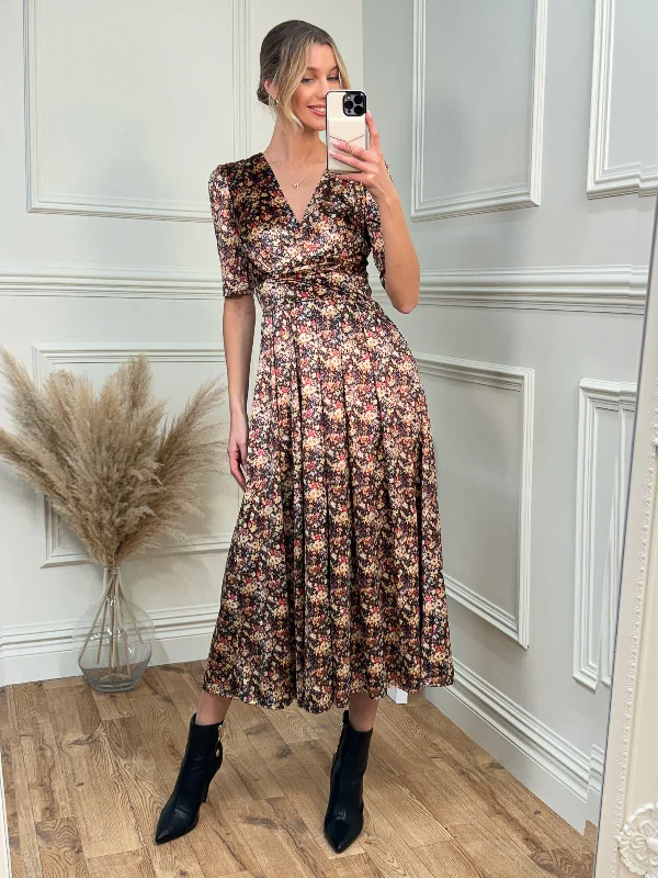 Floral Print Velvet Maxi Dress, Floral Abstract Elegant Maxi Dress with Slit