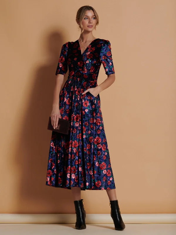 Floral Print Velvet Maxi Dress, Navy Floral Fashionable Button-Down Maxi Dress