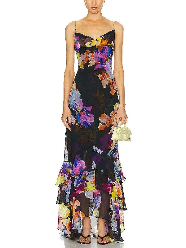 Floral Printed Chiffon Tiered Ruffled Maxi Dress Elegant Velvet Maxi Dress