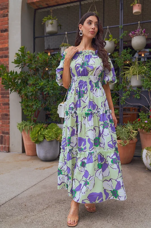 Floral Printed Off the shoulder Maxi Dress Trendy Button Front Maxi Dress