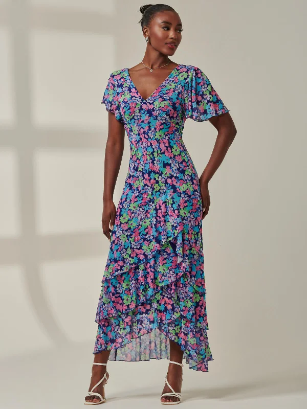 Floral Printed Tiered Maxi Dress, Floral Multi Cozy Knitted Maxi Dress
