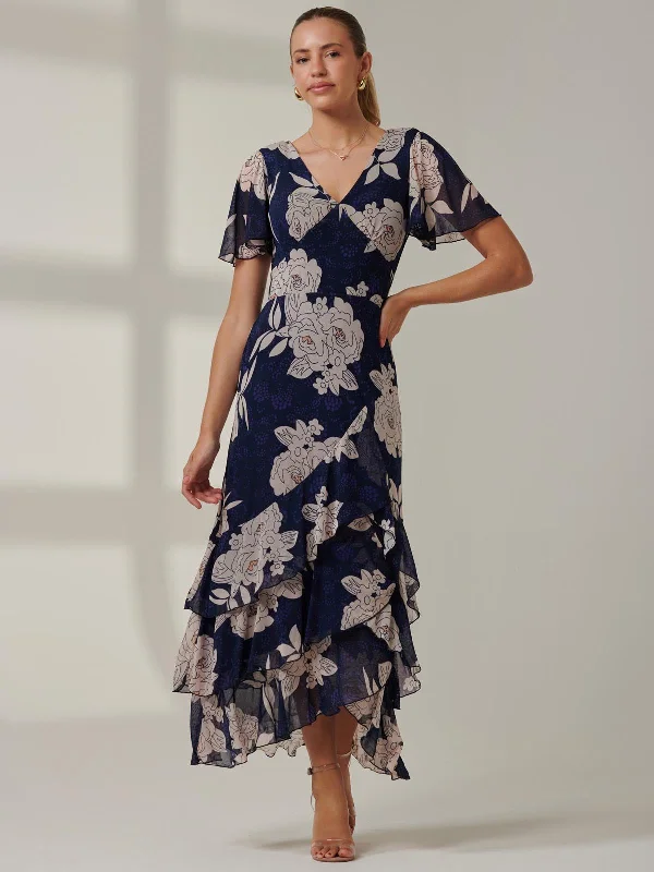 Floral Printed Tiered Maxi Dress, Navy Floral Stylish Button-Up Maxi Dress