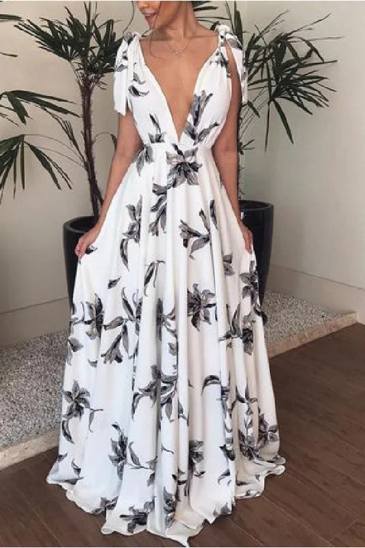 Floral V-neck Tie Shoulder Maxi Dress Trendy Maxi Dress with Bow