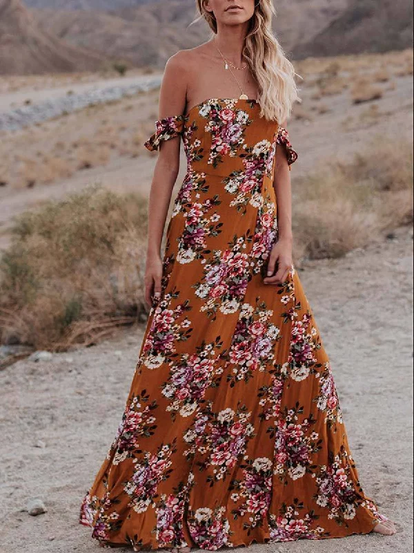 Flowers Printed Off Shoulder Party Maxi Dress Comfortable T-Shirt Maxi Dress