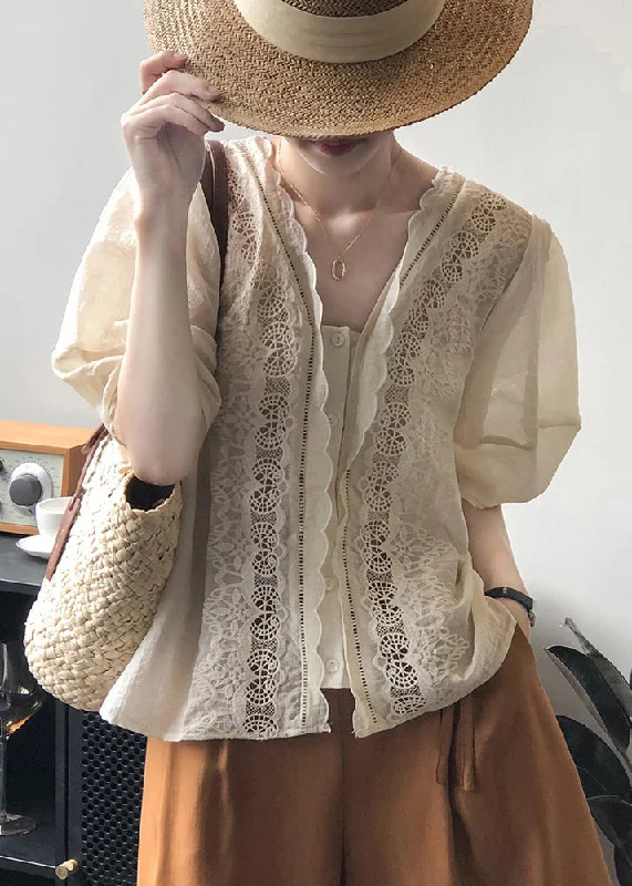 French Beige Hollow Out Embroidered Puff Sleeve Cotton Blouses Lightweight Floral Blouse