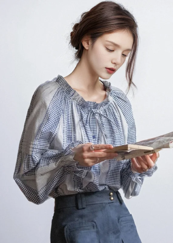 French Style Blue Ruffled Patchwork Cotton Blouses Fall Embroidered Cotton Blouse