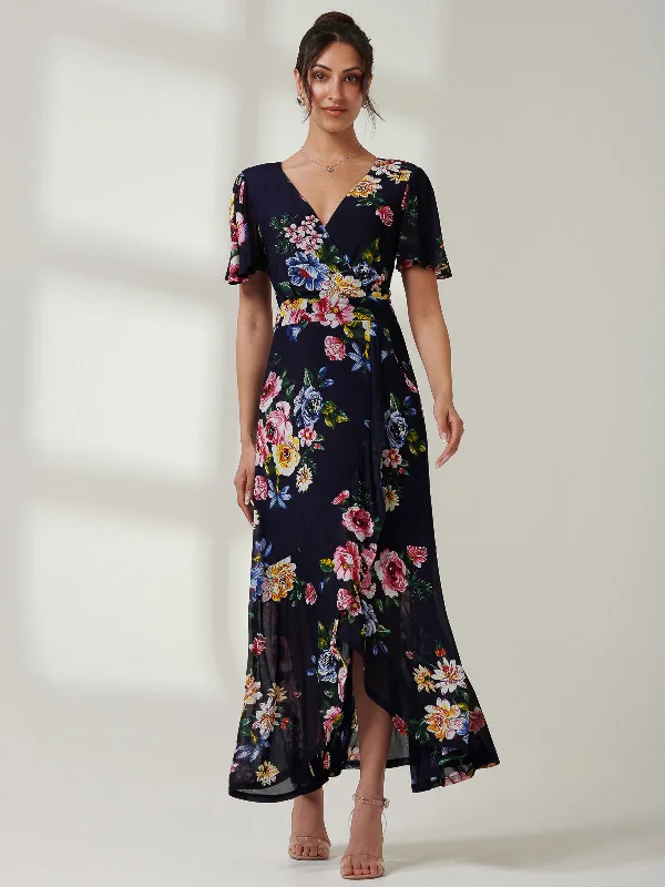 Frill Dip Hem Mesh Maxi Dress, Navy Floral Stylish Empire Waist Maxi Dress
