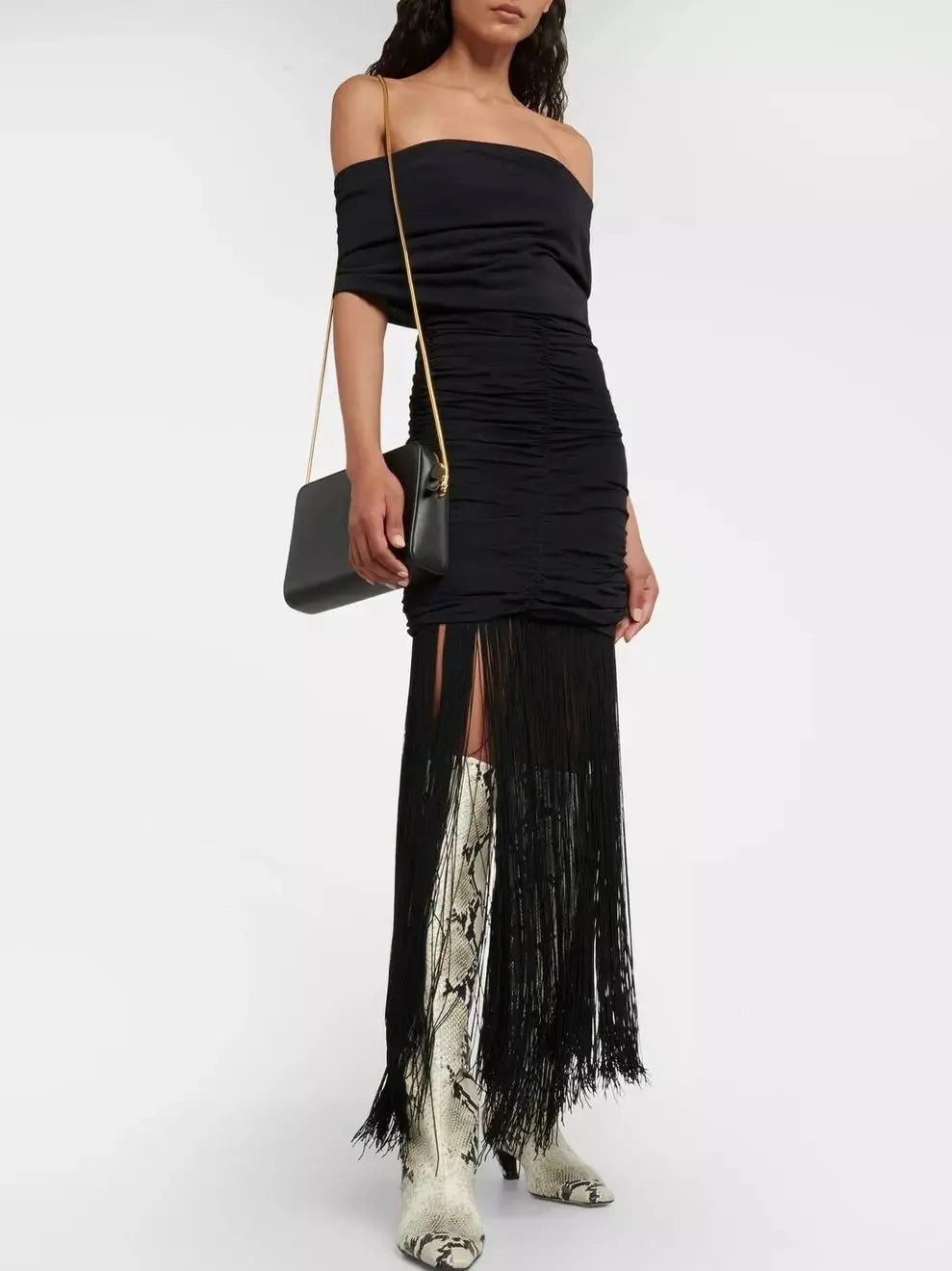 Fringed Black Off Shoulder Ruched Maxi Dress Trendy Printed Maxi Dress