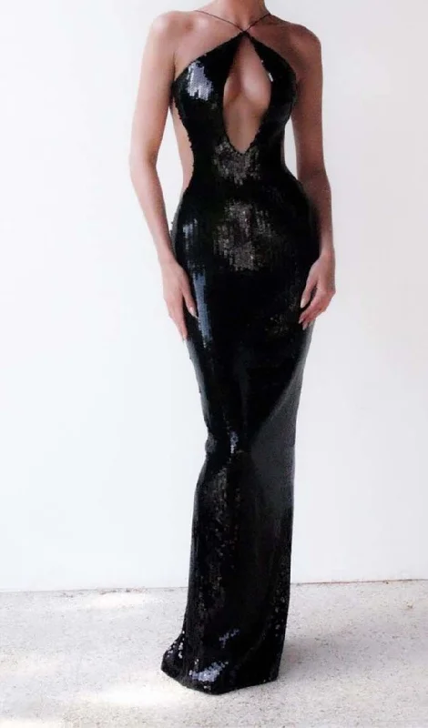 FRONT CUTOUT BACKLESS MAXI DRESS IN BLACK Elegant Lace Maxi Dress