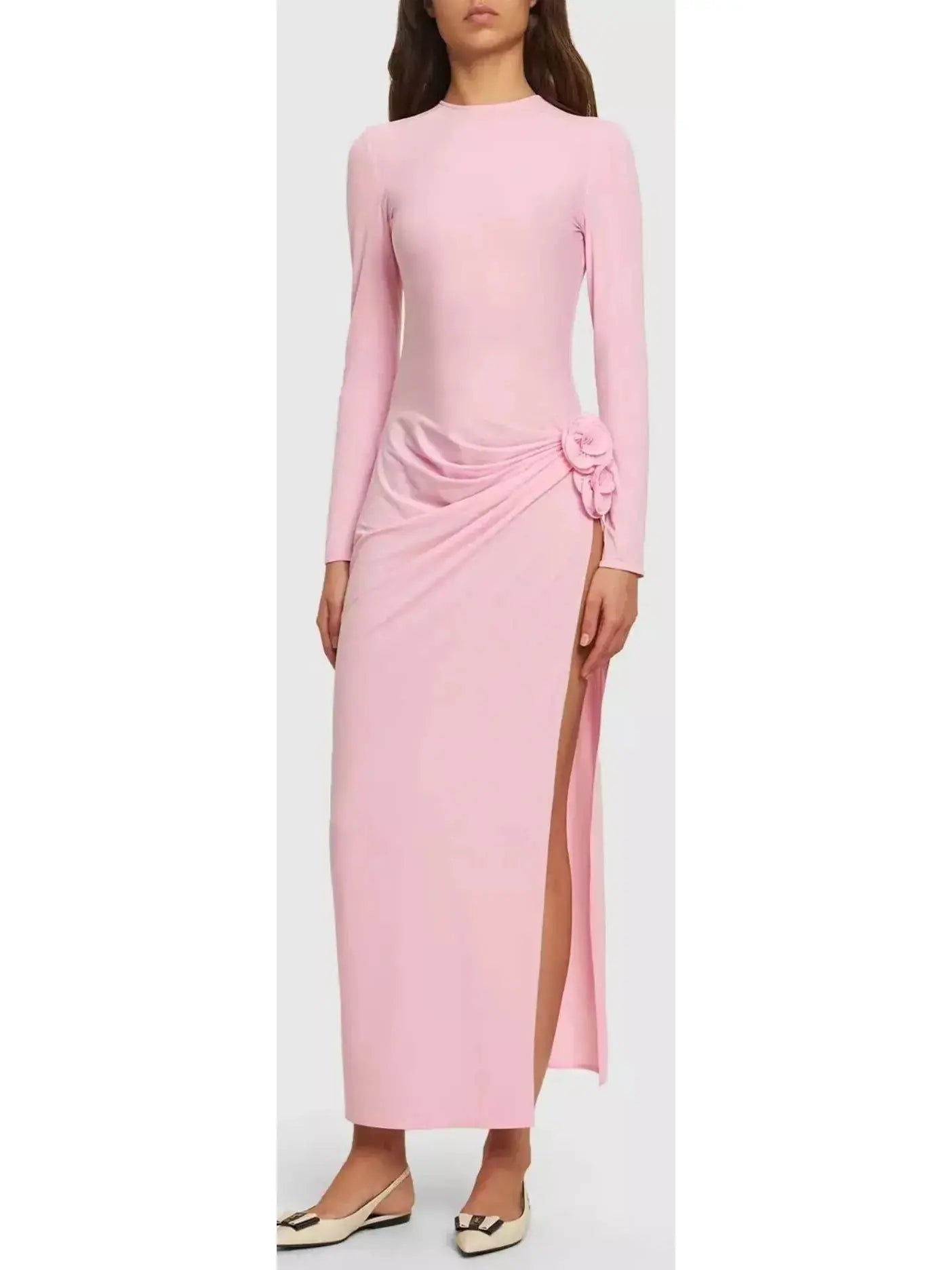 Gathered Long Sleeve Maxi Dress in Pink Trendy Ruffled Maxi Dress